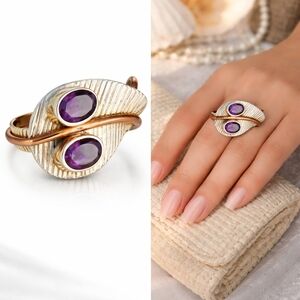 Sterling Silver Amethyst Leaf Design Bypass Ring 9